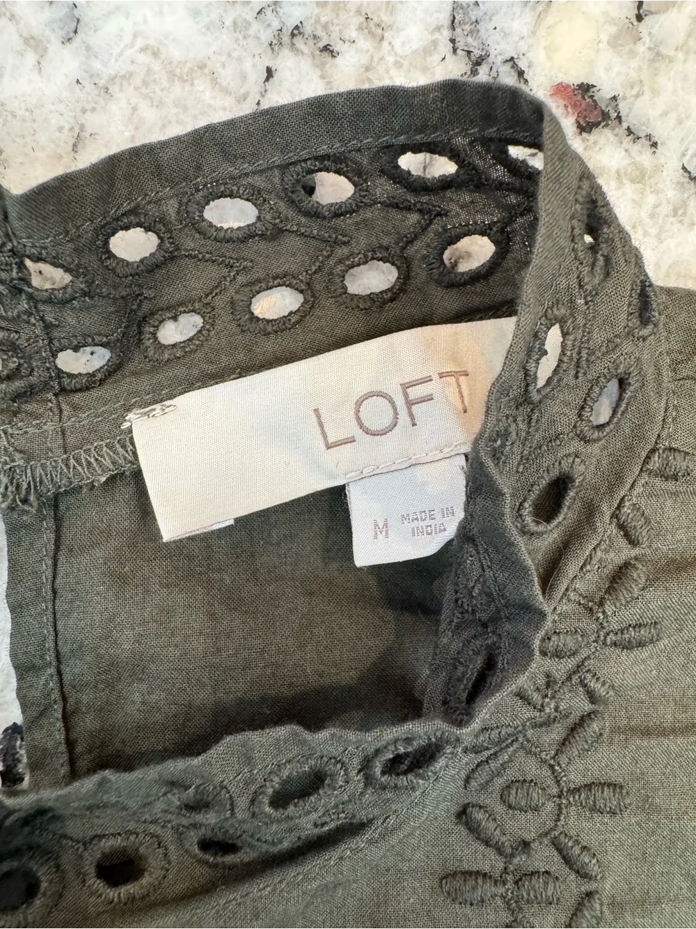 LOFT Olive Green Embroidered Eyelet Puff Sleeve Blouse Medium